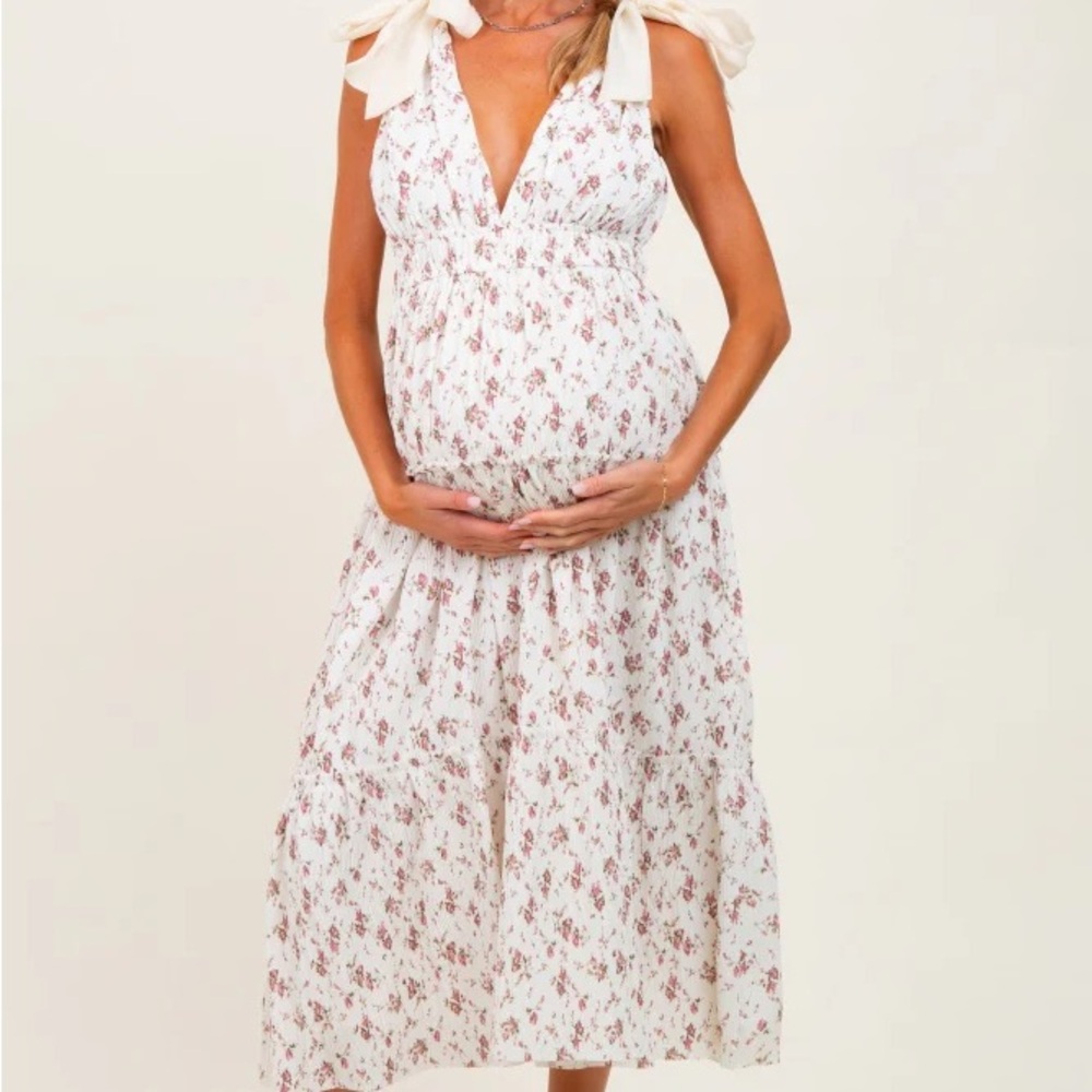 Floral White and Pink Women's Maternity Dress - Picture 2 of 5